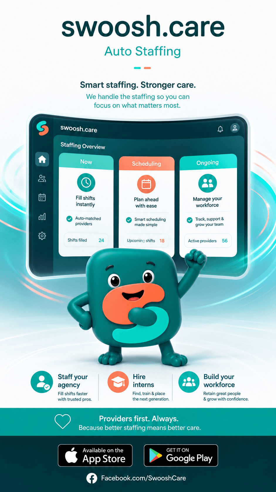 Swoosh Auto Staffing dashboard — Now, Scheduling, Ongoing