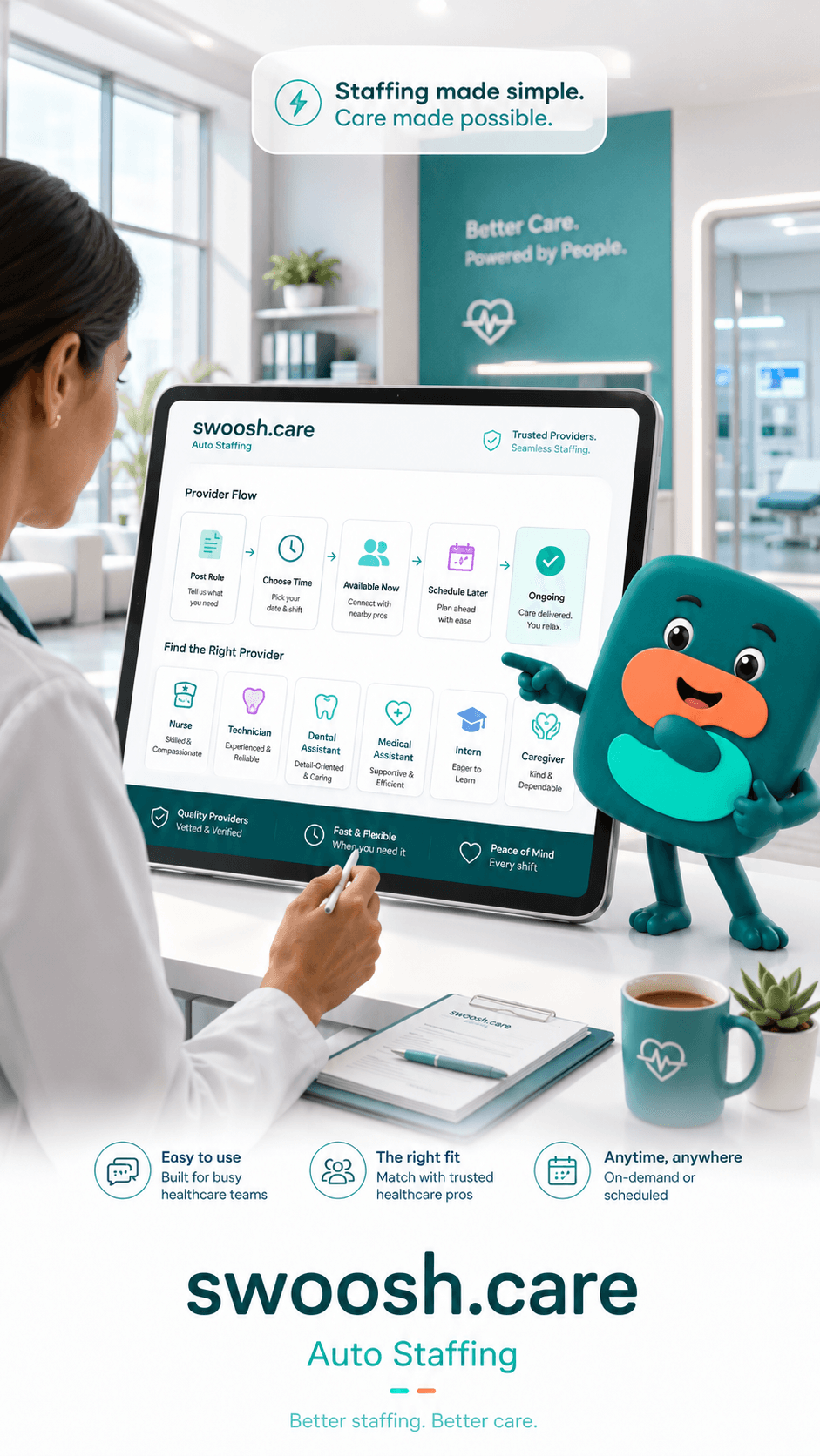 Auto Staffing provider flow — post role, choose time, get matched